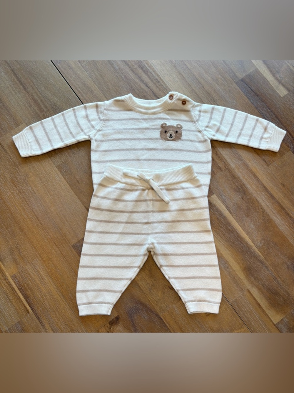 Nordstrom Cream & Tan Striped Knit Baby One-Piece with Bear Accent